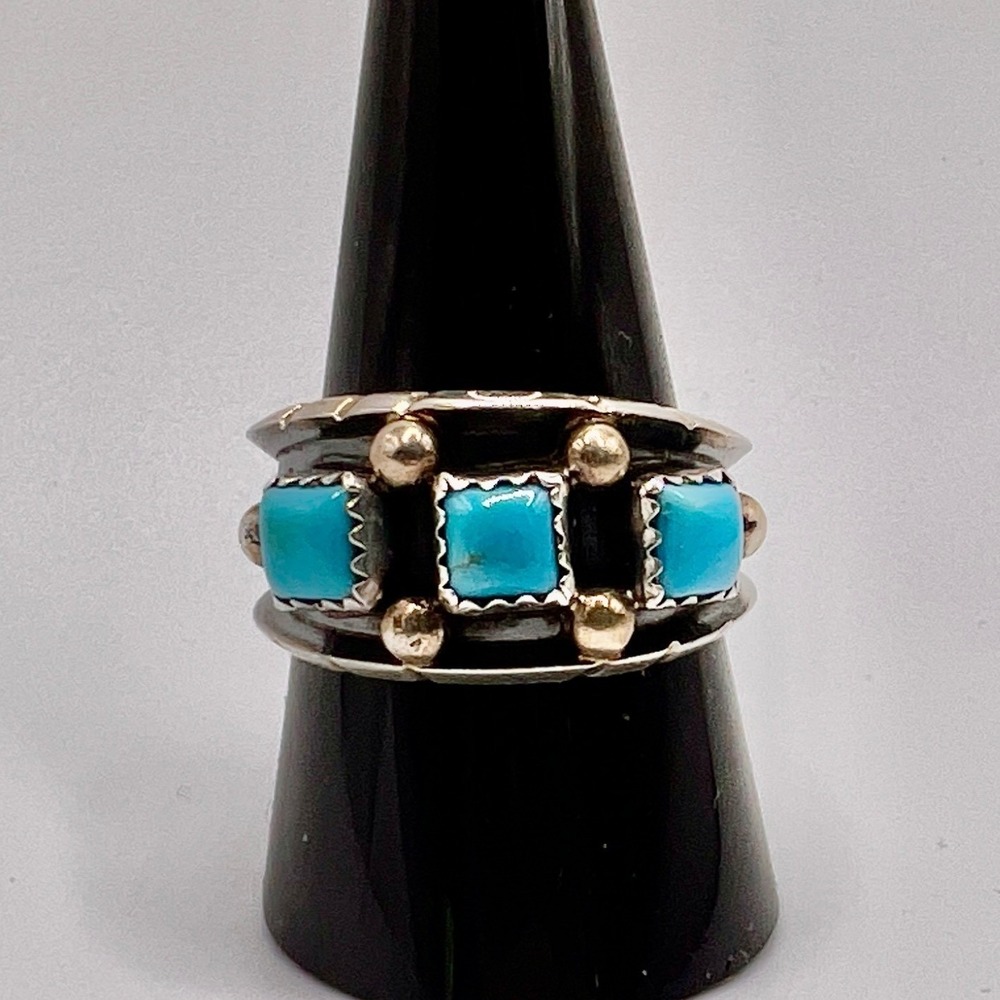 Native American Sterling Silver Turquoise Square Stone Band Sz 10.75 Signed RC